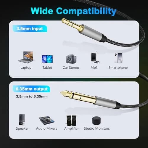 Jelly Tang 3.5 mm to 6.35 mm Audio Cable 3Ft | Gold-Plated Stereo Jack for Amplifiers & Devices thumbnail 3