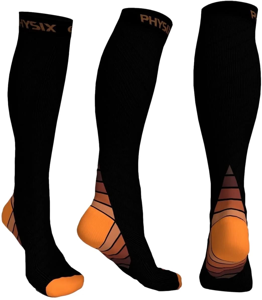 Physix Gear Compression Socks - Best Men & Womens Compression Socks for Circulation, Running, Nurses, Athletic Use Sock Compression, Blood Pressure Socks, Calcetines de Compresion, Black/Orange, XXL | Support & Durability — Black/Orange