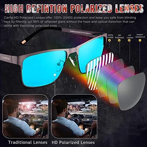 CARFIA Polarized Sunglasses for Men Spring Hinge Metal Frame CA5225 | Classic Square Design with UV400 Protection (70-120 chars) thumbnail 4