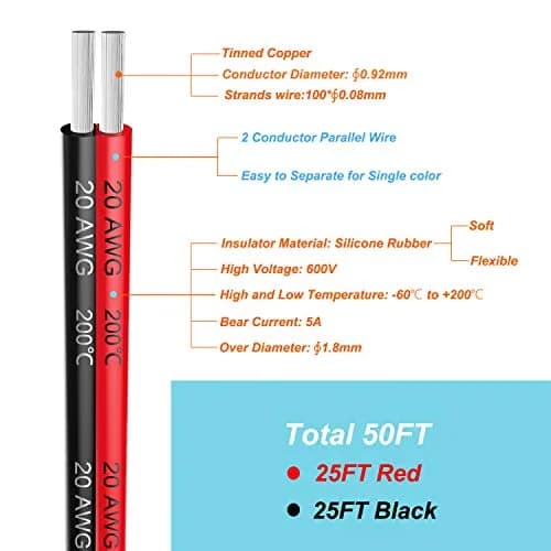 Haerkn 20awg Silicone Electrical Wire 2 Cores 25ft | Tinned Copper, 600V, Flexible thumbnail 2