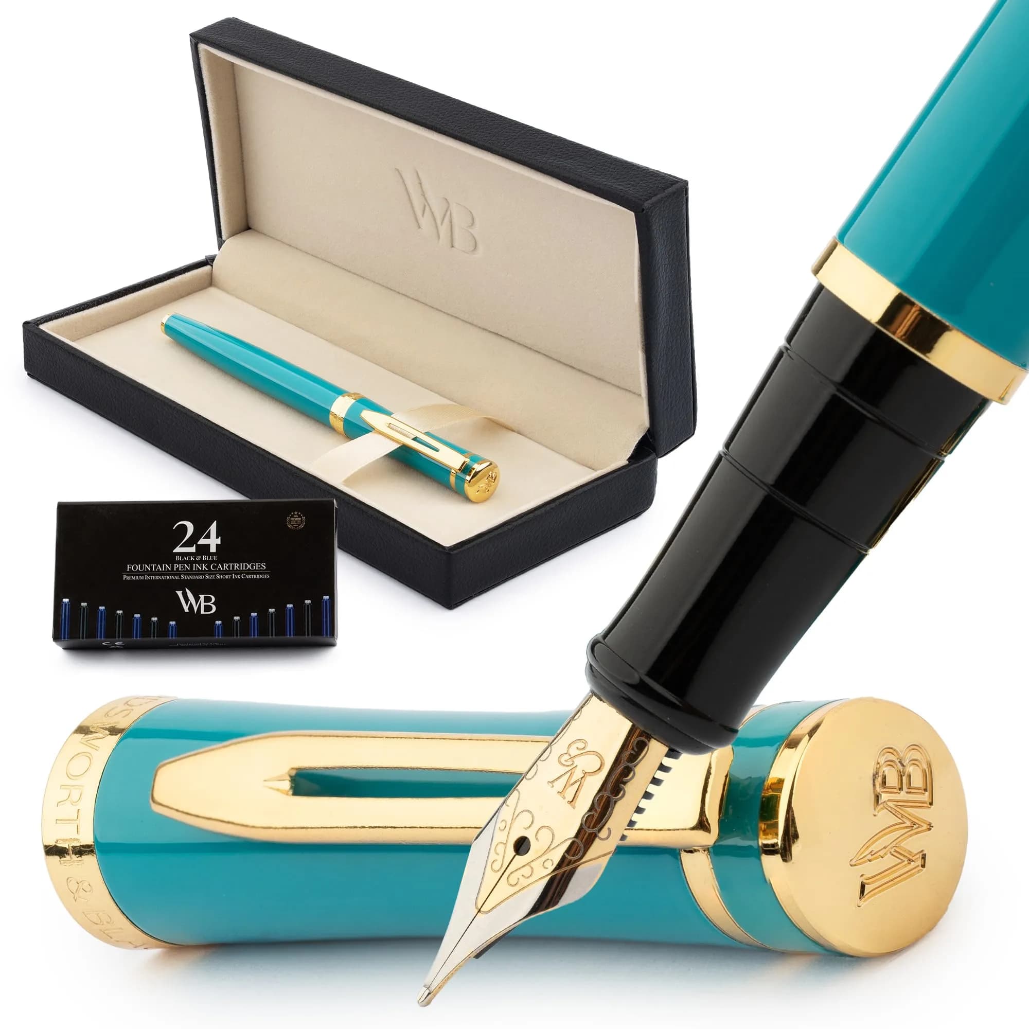 Wordsworth & Black Fountain Pen Set for Writing, Medium Nib, Turquoise | Smooth Ink Flow & Elegant Design — Turquoise Gold