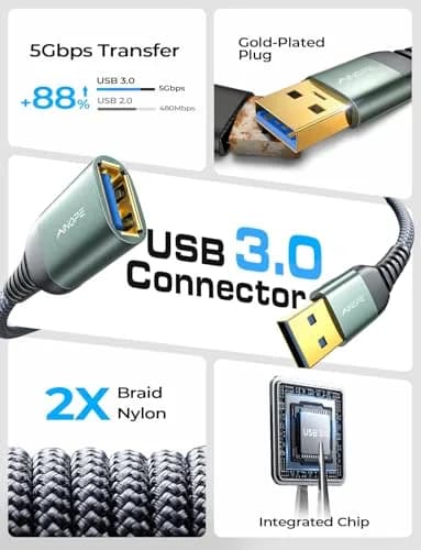 AINOPE USB 3.0 Extension Cable 2Pack 6.6FT (2m) Male to Female Grey | 5Gbps Fast Data Sync & Charging thumbnail 2
