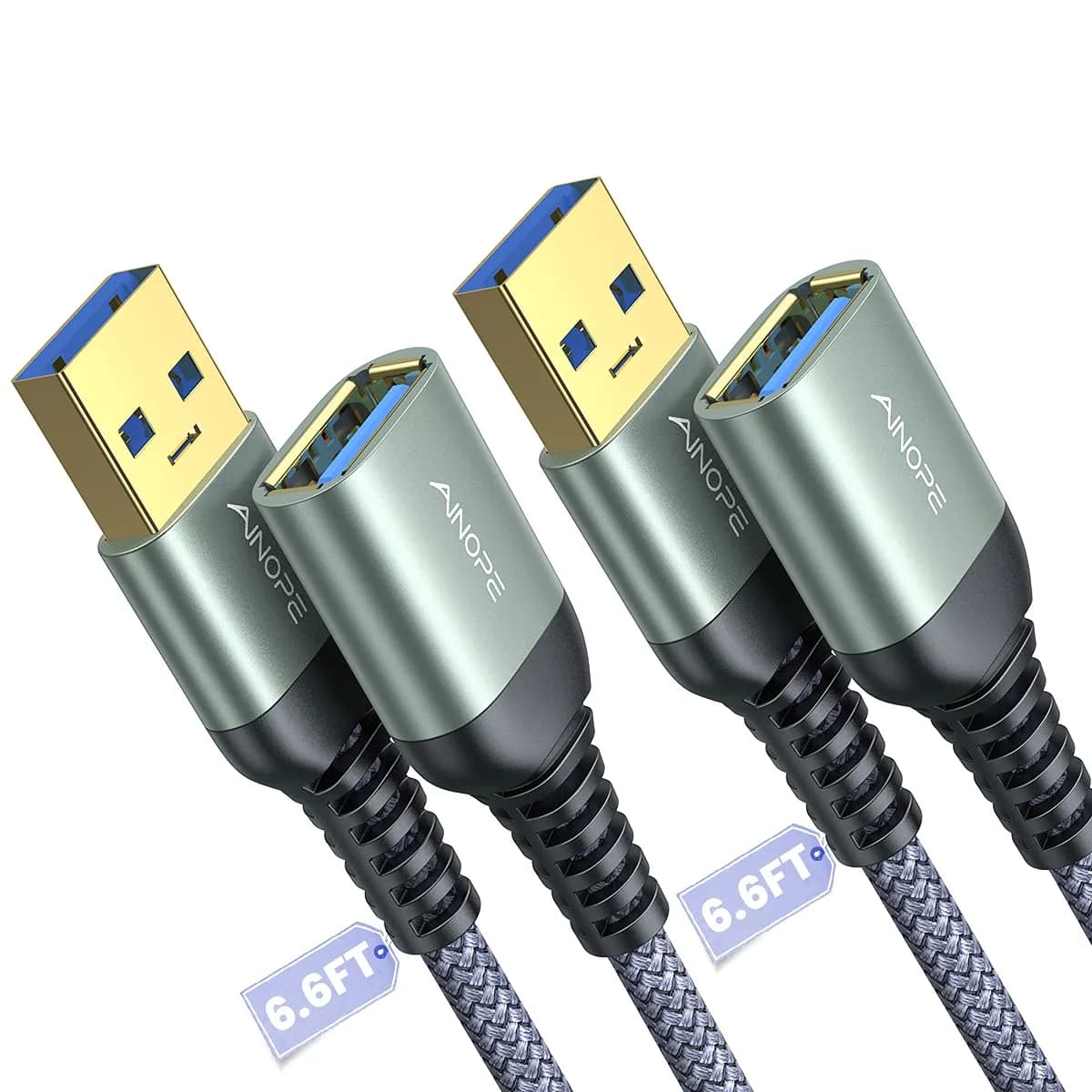AINOPE USB 3.0 Extension Cable 2Pack 6.6FT (2m) Male to Female Grey | 5Gbps Fast Data Sync & Charging - main product image
