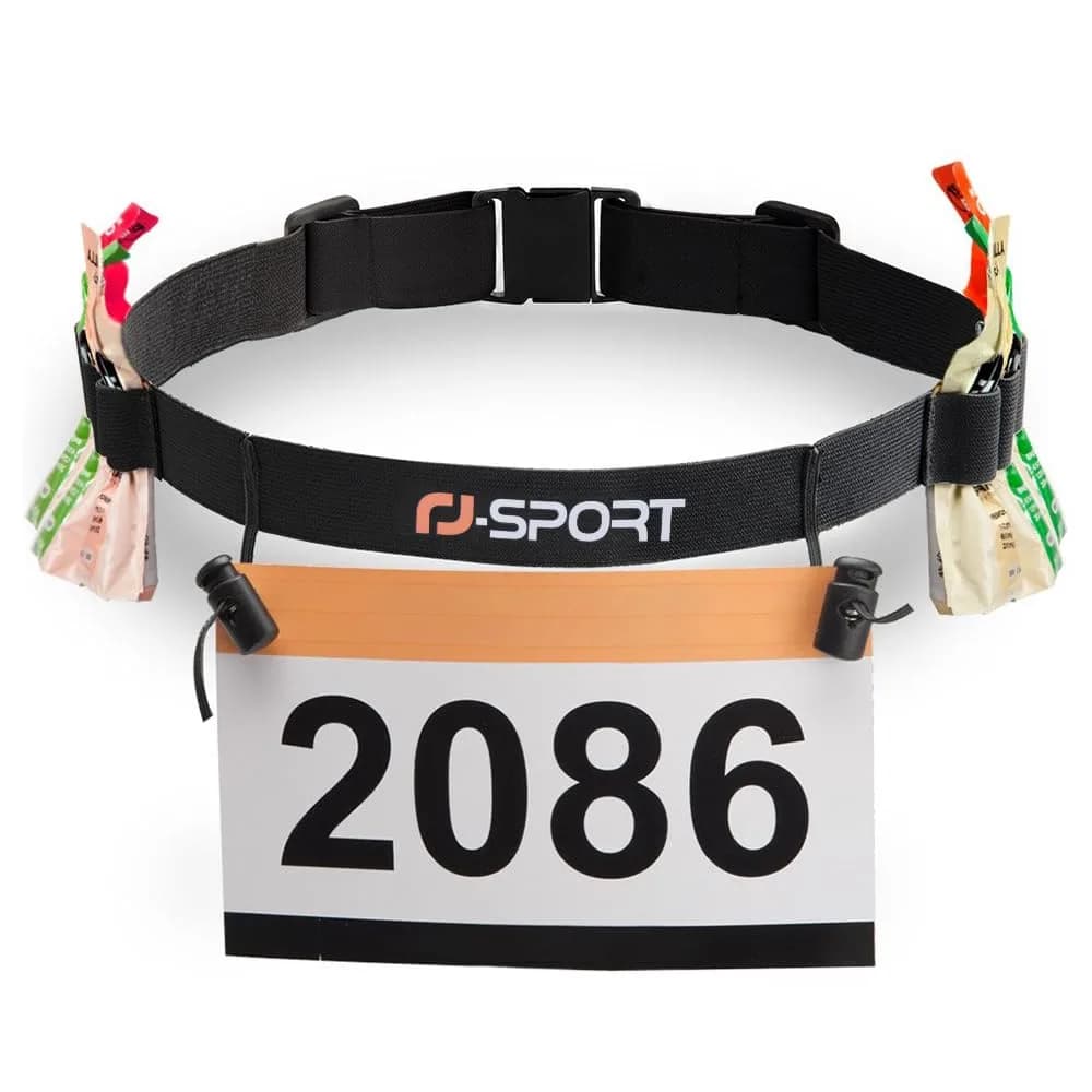 RJ-Sport Race Number Belt with 6 Gel Loops - Black, One Size Fits All | Adjustable Triathlon Bib Holder