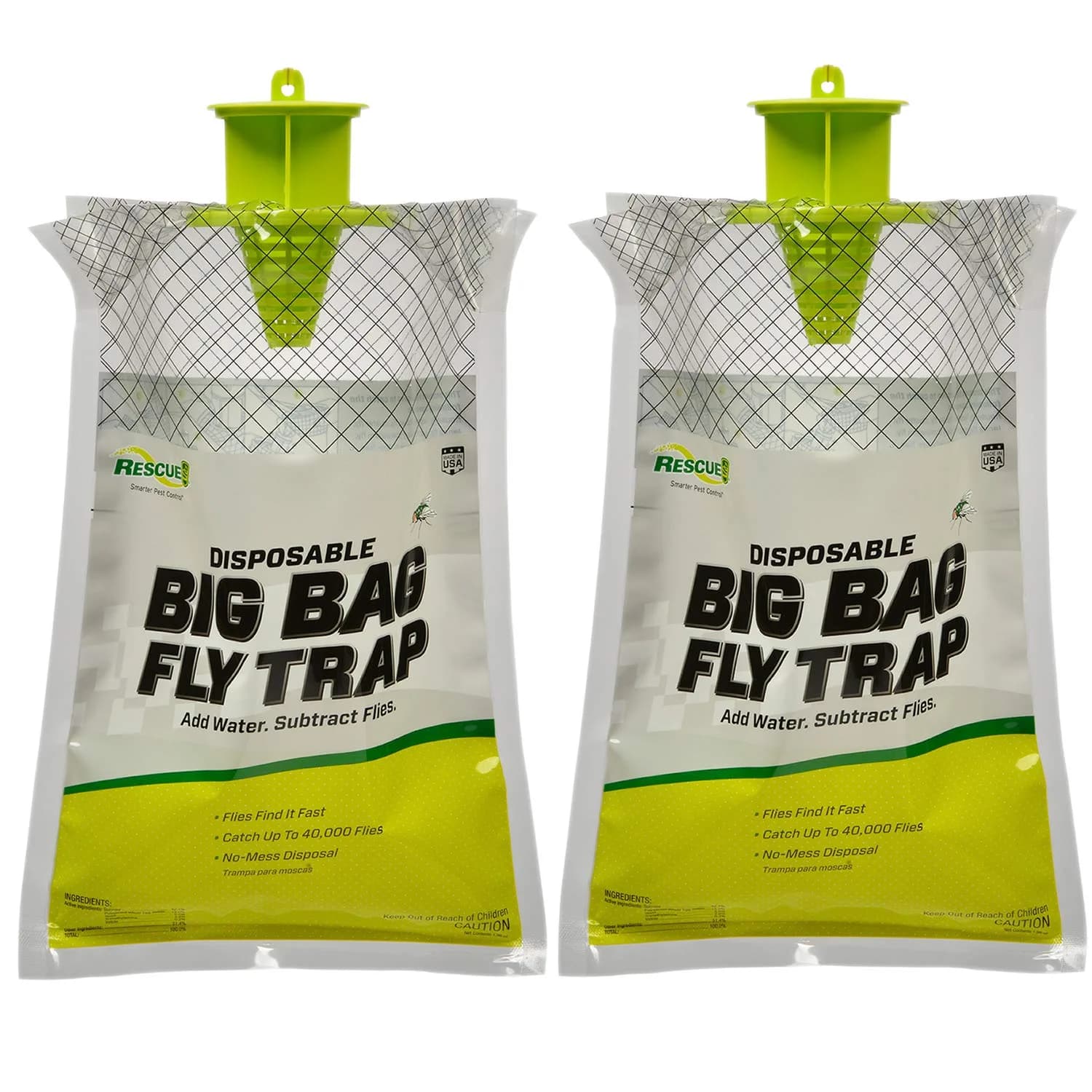 RESCUE! Big Bag Fly Trap Disposable Outdoor Use 2 Pack | Catches 40,000 Flies — Green