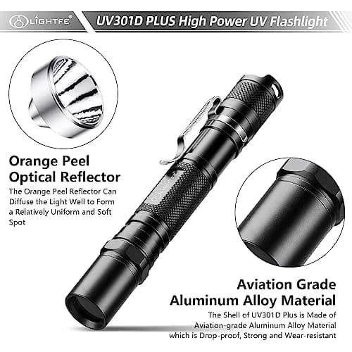LIGHTFE Black Light 365nm UV Flashlight UV301D-Plus Vision with SSC UV LED | Max 3000mW Power, Black Filter Lens, 2 AA Batteries thumbnail 5
