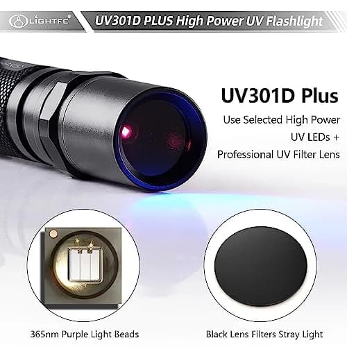 LIGHTFE Black Light 365nm UV Flashlight UV301D-Plus Vision with SSC UV LED | Max 3000mW Power, Black Filter Lens, 2 AA Batteries thumbnail 3