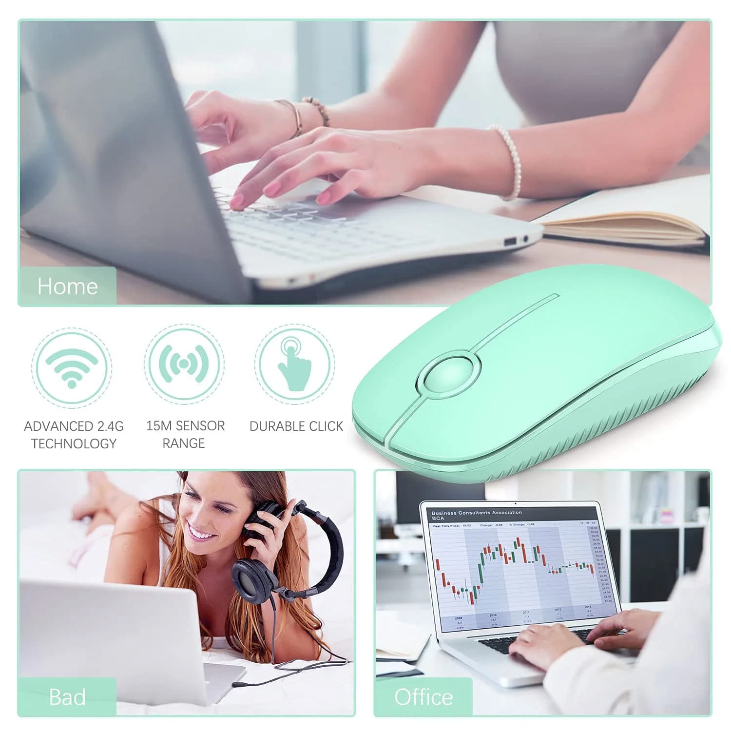 VssoPlor Wireless Mouse, 2.4G Slim Computer Laptop Mouse, Mint Green | Quiet Clicks & Stable Connection - view 6