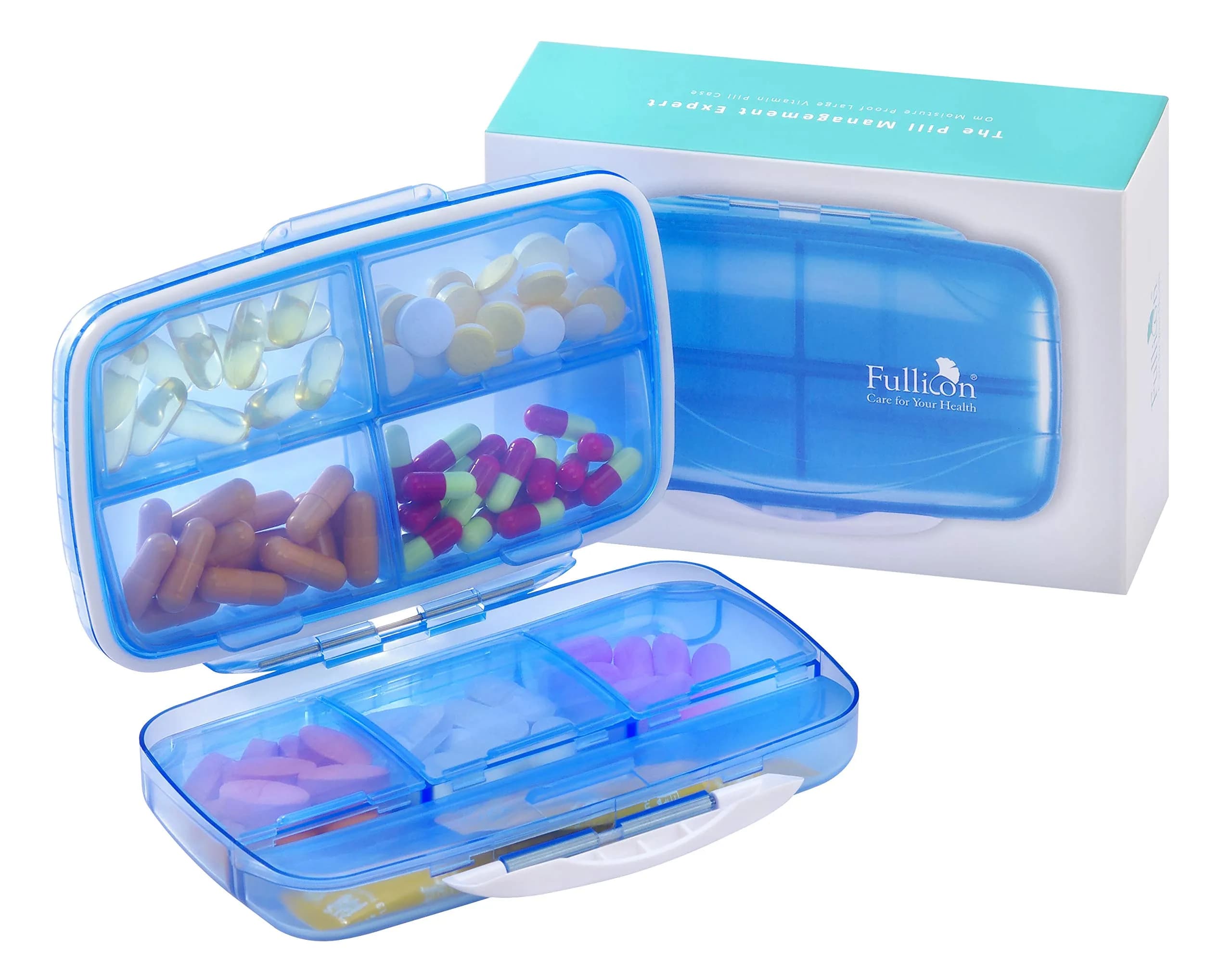 Fullicon Moisture Proof Travel Pill Organizer, 8 Compartments, Grey | Jumbo 8 Compartments, Airtight & Moistureproof — Blue / Large (8 Compartments)