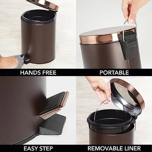 mDesign Pedal Bin - Metal Waste Bin with Pedal, Lid & Plastic Bucket Insert - 5L Capacity, Bronze/Rose Gold thumbnail 6