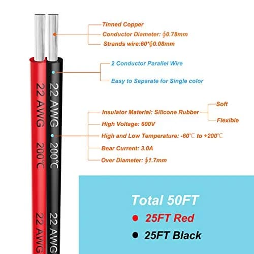 Haerkn 22awg Silicone Electrical Wire 2 Cores 25ft | Tinned Copper, 600V, Flexible thumbnail 2