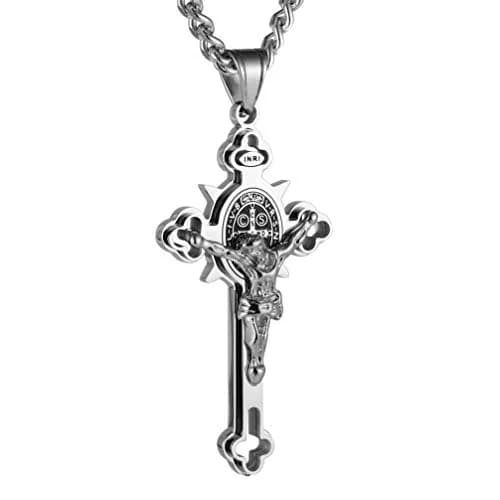 HZMAN Stainless Steel St. Benedict Crucifix Cross Necklace for Men | Durable Religious Pendant (70-120 chars) thumbnail 1