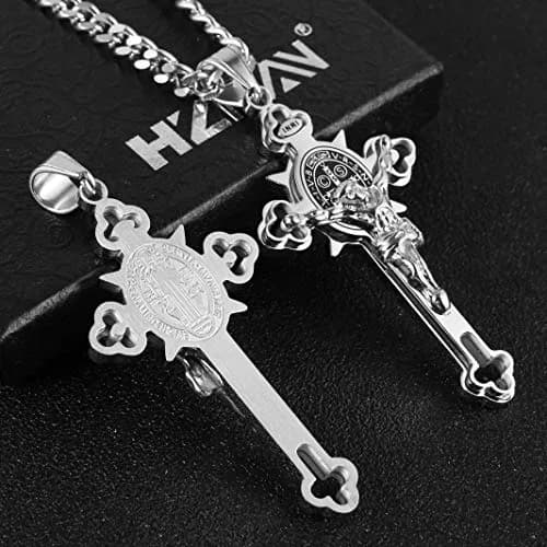 HZMAN Stainless Steel St. Benedict Crucifix Cross Necklace for Men | Durable Religious Pendant (70-120 chars) thumbnail 4