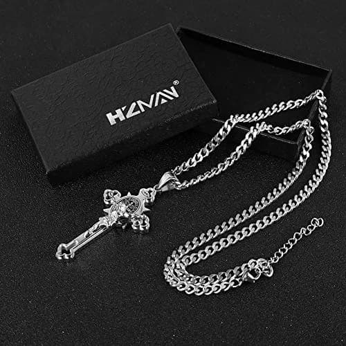 HZMAN Stainless Steel St. Benedict Crucifix Cross Necklace for Men | Durable Religious Pendant (70-120 chars) thumbnail 5