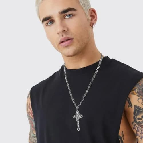 HZMAN Stainless Steel St. Benedict Crucifix Cross Necklace for Men | Durable Religious Pendant (70-120 chars) thumbnail 3
