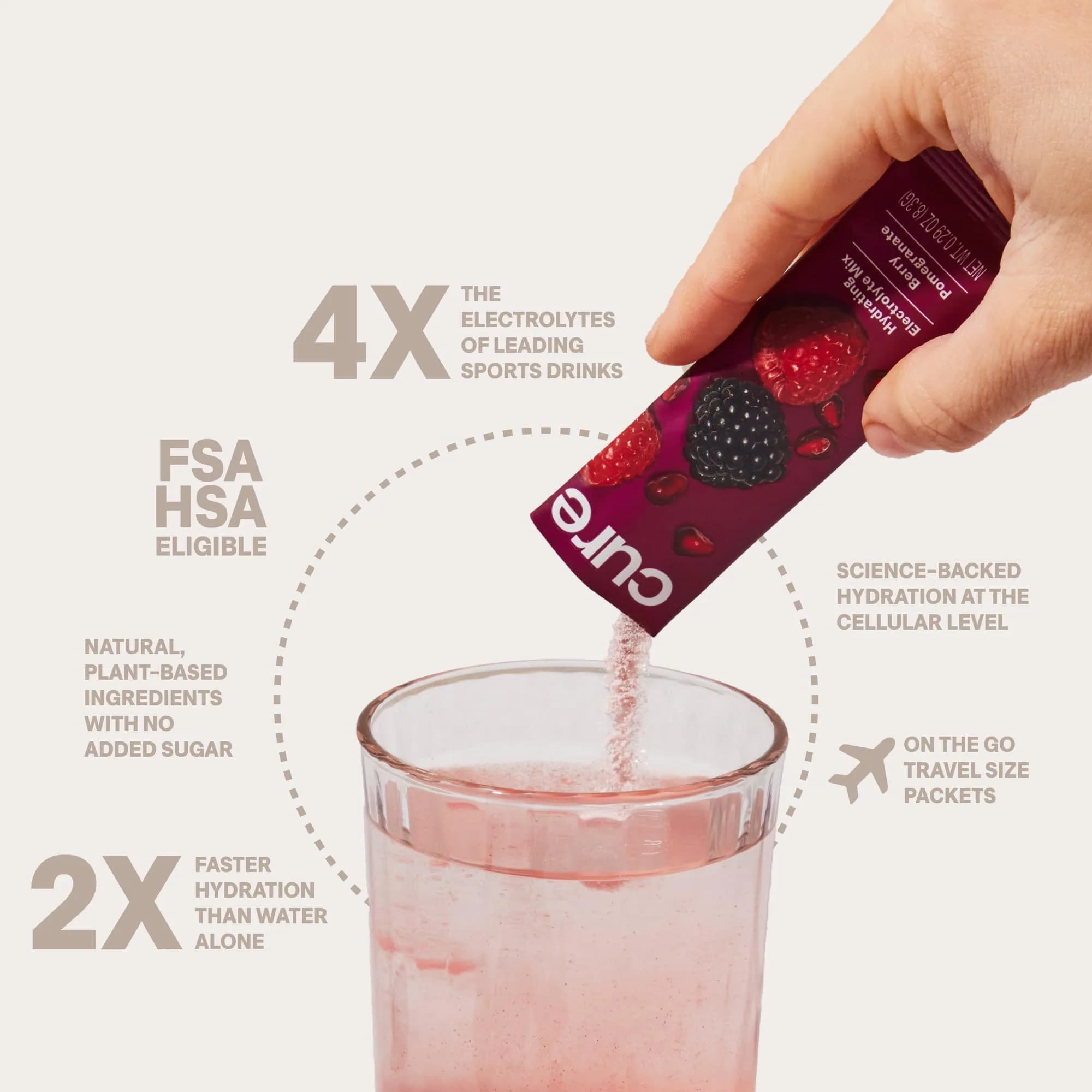 Cure Hydration Plant-Based Electrolyte Drink Mix Berry Pomegranate 14 Packets | Hydration Relief Powder - view 3