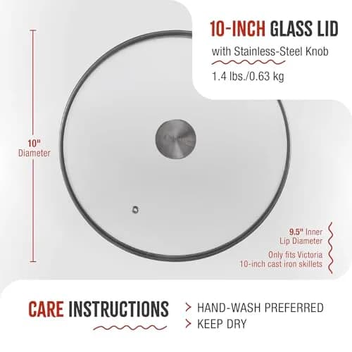 Victoria 9.5-Inch Tempered Glass Lid for 10-Inch Skillet | Oven-Safe Up to 450°F, Dishwasher-Safe, Stainless Steel Vent & Handle thumbnail 6