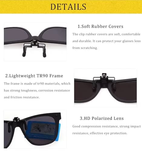 FRAZALA Polarized Clip-on Sunglasses over Prescription Glasses UV 400 Protection Unisex Aviator (Black) | Flip Up Design, Anti-Glare, UV Shield thumbnail 4