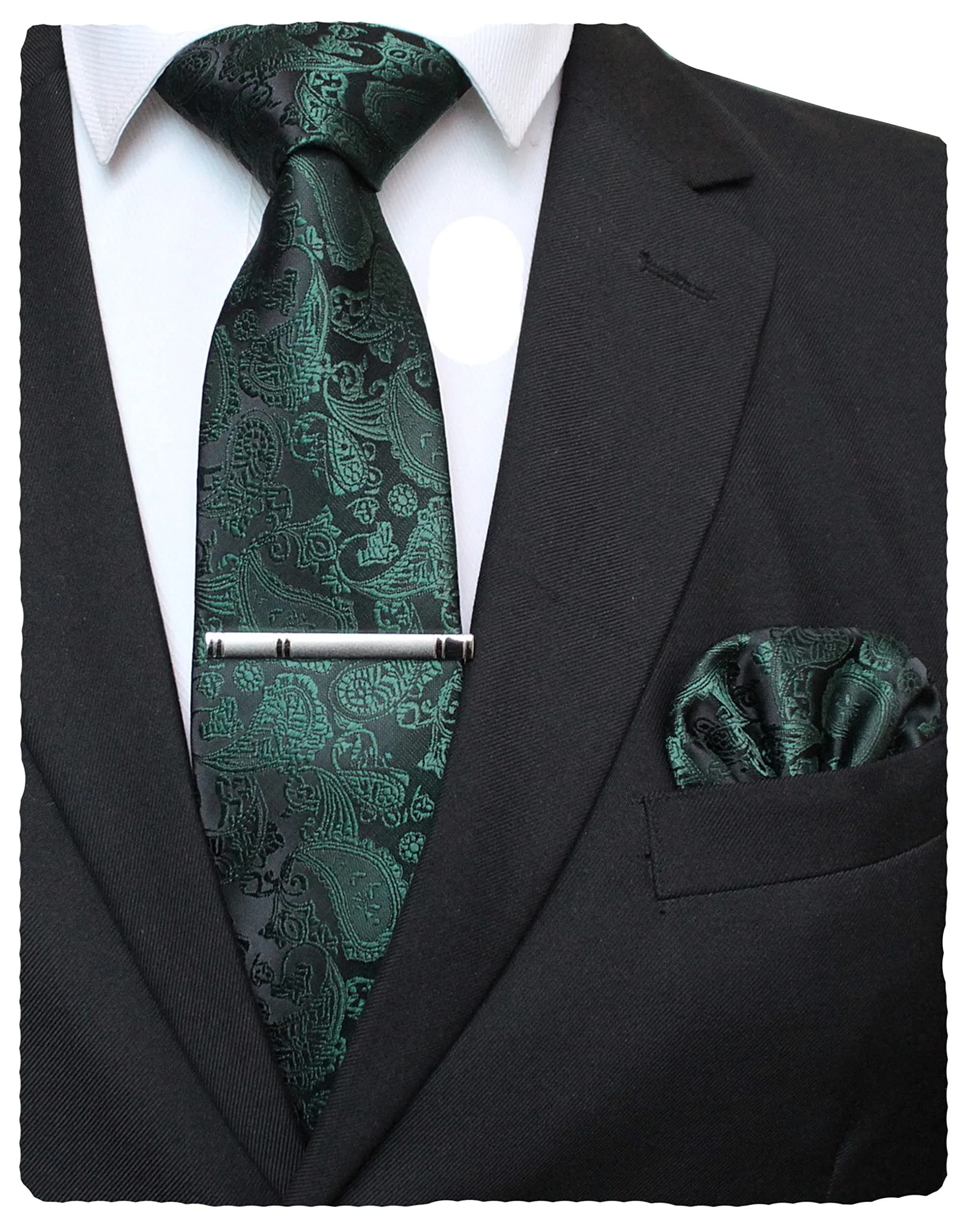 JEMYGINS Dark Green Paisley Tie Wedding Business Silk Necktie & Pocket Square, 150cm | Elegant Paisley Design for Men