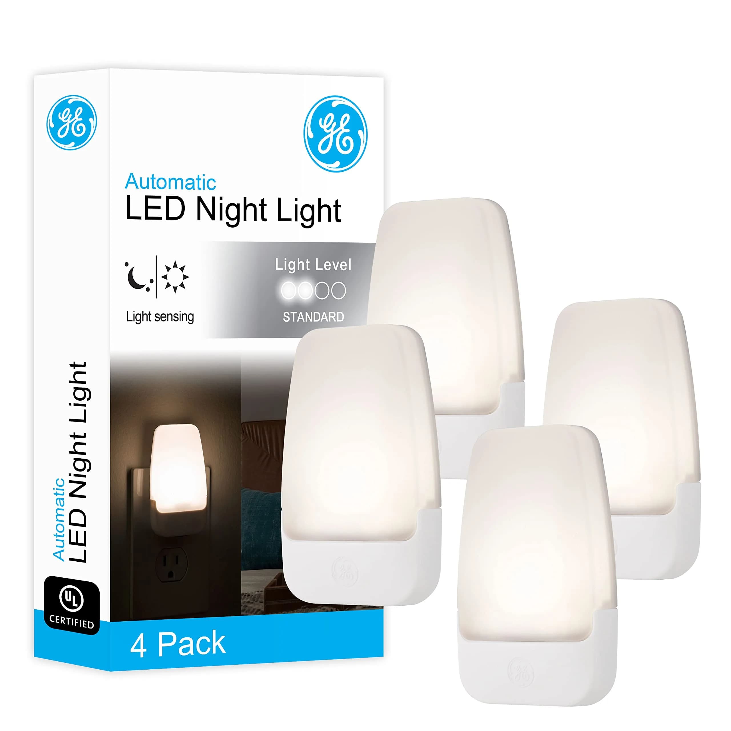 GE Plug-in Night Light with Dusk to Dawn Sensor, 4 Pack | Warm White LED, 0.5W - main product image