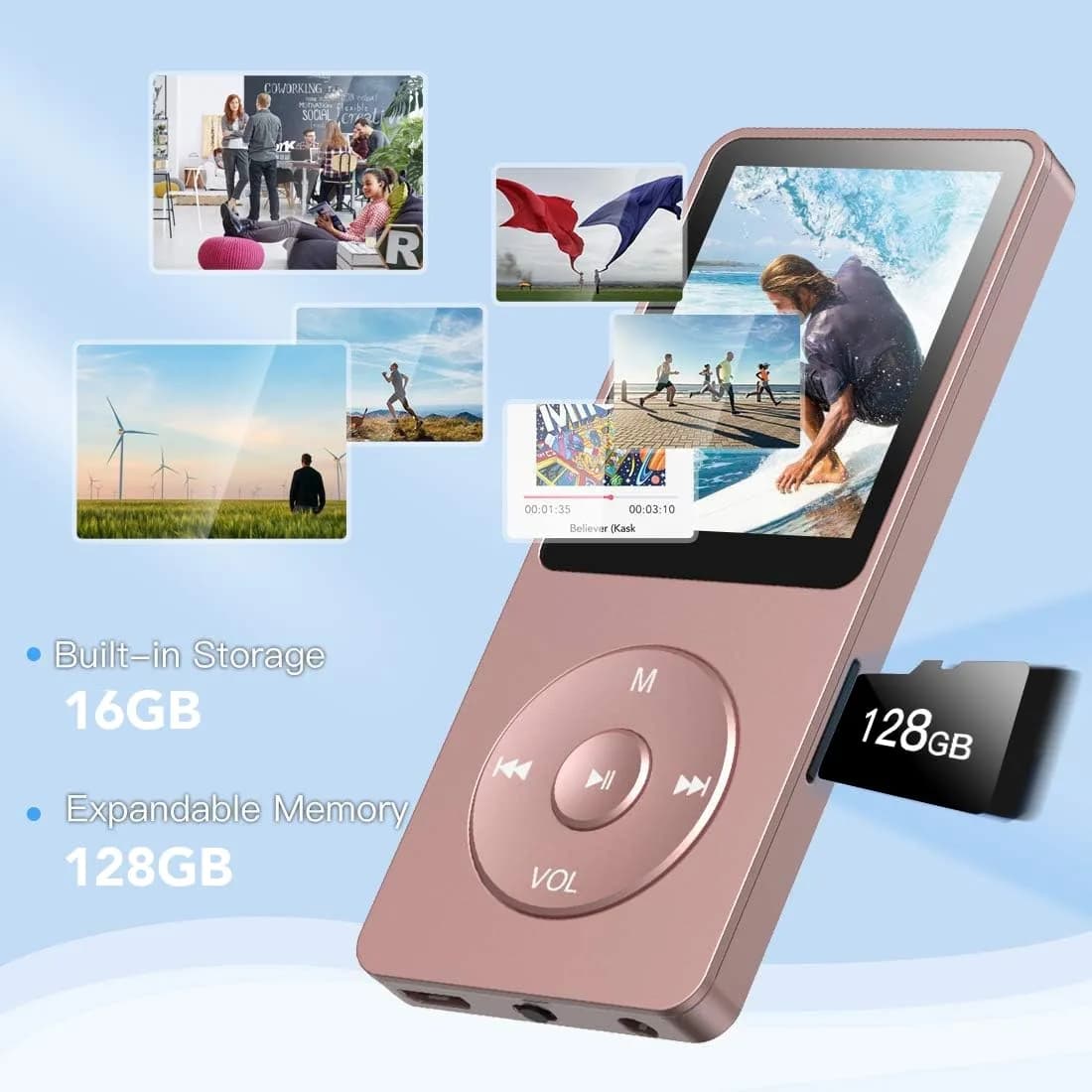 AGPTEK A02S MP3 Player 16GB Rose Gold | 70-Hour Playback Lossless Sound - view 6