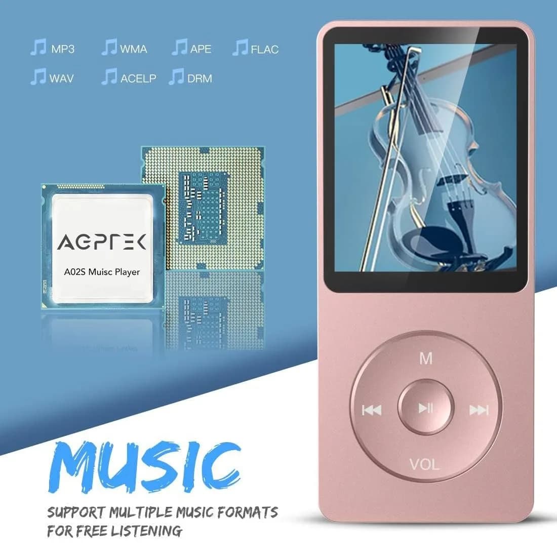 AGPTEK A02S MP3 Player 16GB Rose Gold | 70-Hour Playback Lossless Sound - view 3