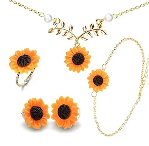 Suoirblss Jewelry Set of 5 Sunflower Faux Pearl Leaf Chain Necklace with Bracelet Earrings Ring | Bohemian Style, Adjustable, Gold thumbnail 1