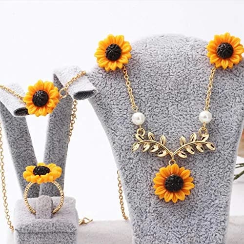 Suoirblss Jewelry Set of 5 Sunflower Faux Pearl Leaf Chain Necklace with Bracelet Earrings Ring | Bohemian Style, Adjustable, Gold thumbnail 4