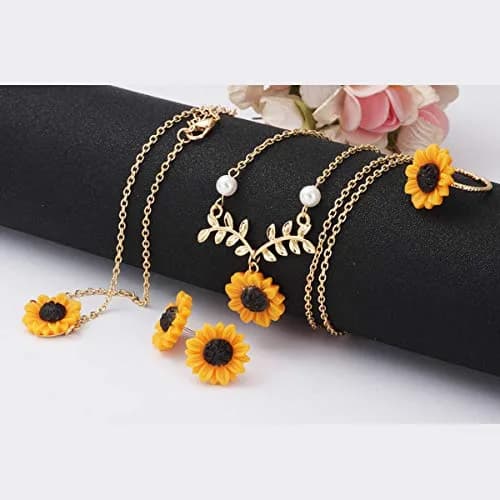 Suoirblss Jewelry Set of 5 Sunflower Faux Pearl Leaf Chain Necklace with Bracelet Earrings Ring | Bohemian Style, Adjustable, Gold thumbnail 5