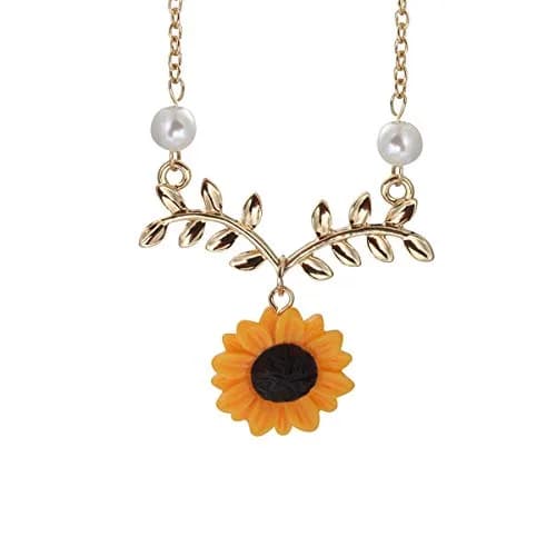 Suoirblss Jewelry Set of 5 Sunflower Faux Pearl Leaf Chain Necklace with Bracelet Earrings Ring | Bohemian Style, Adjustable, Gold thumbnail 2