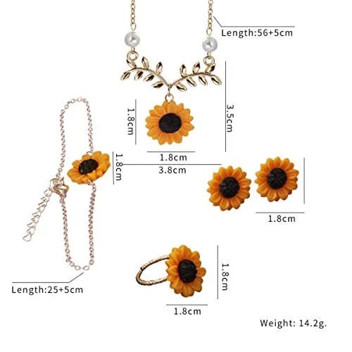 Suoirblss Jewelry Set of 5 Sunflower Faux Pearl Leaf Chain Necklace with Bracelet Earrings Ring | Bohemian Style, Adjustable, Gold thumbnail 3