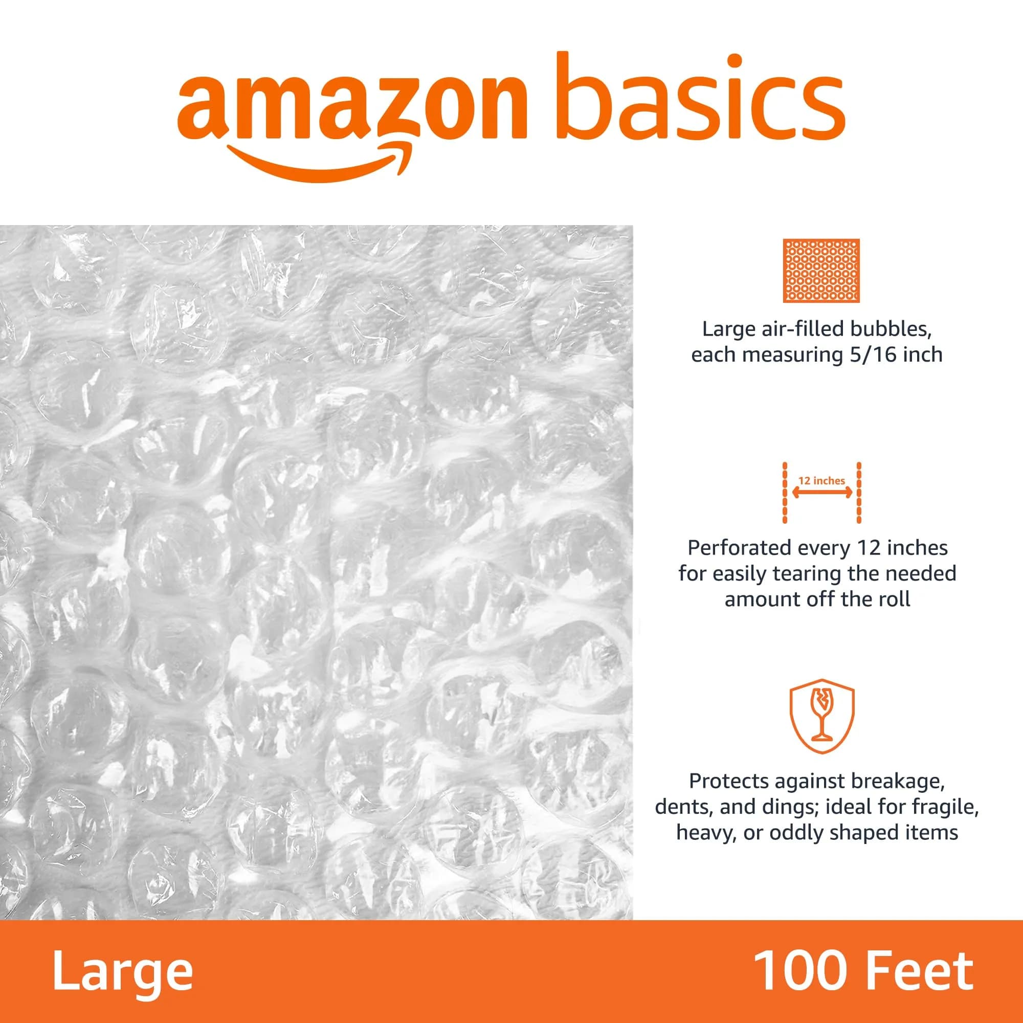 Amazon Basics Bubble Cushioning Wrap Large 5/16" Roll | Perforated for Easy Tearing - view 2