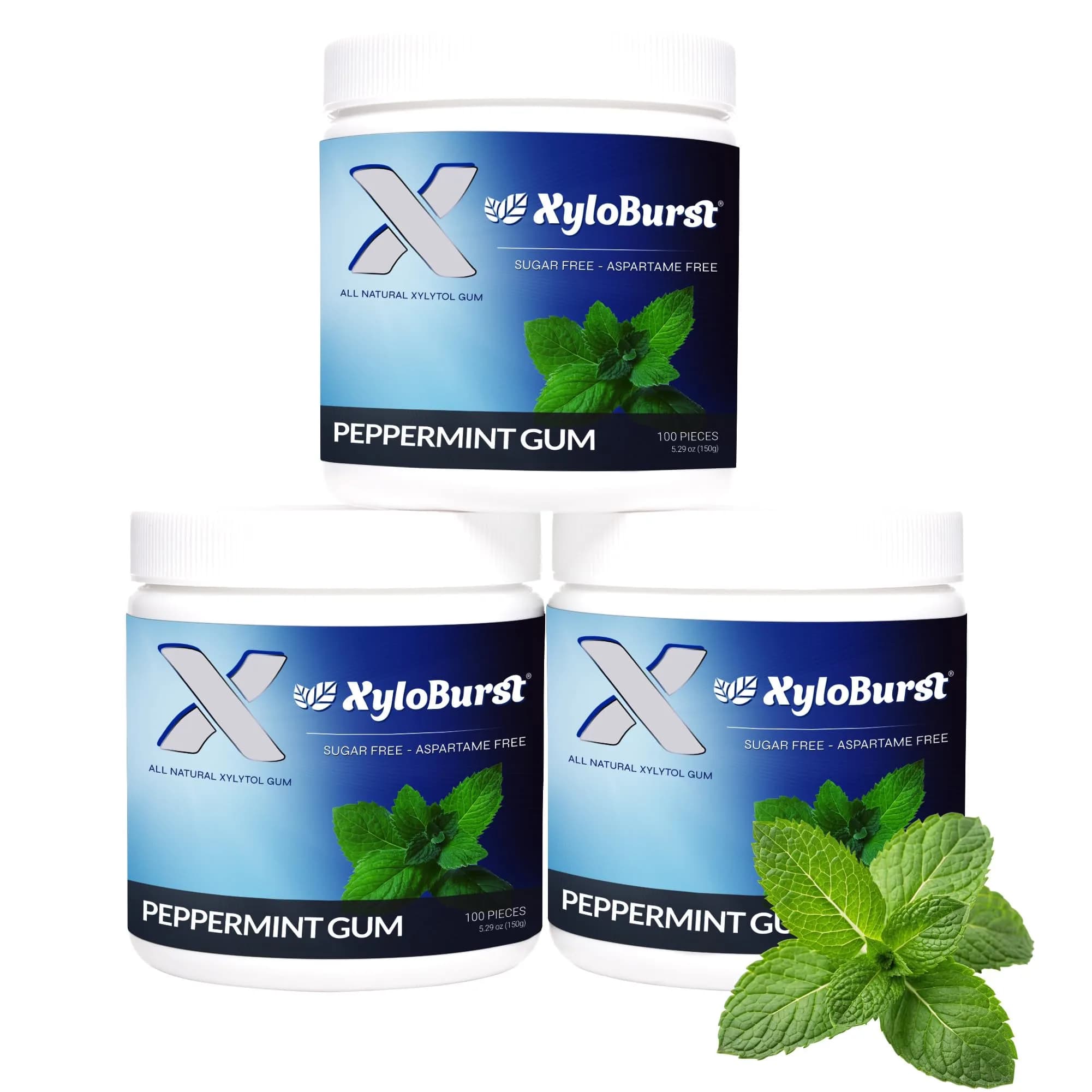 XyloBurst Peppermint Xylitol Chewing Gum 300 Pieces (100 Count Jar, Pack of 3) | Sugar-Free, Gluten-Free, Keto Friendly