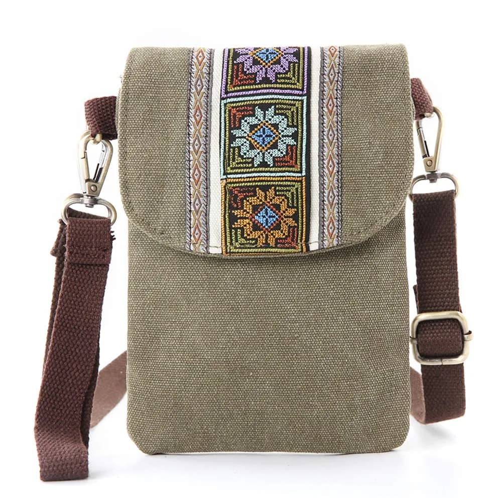 SILKAREA Boho Embroidered Small Crossbody Bag Cell Phone Purse for Women, 20cm (7.9") x 14cm (5.5") | Vintage Ethnic Style — Army Green