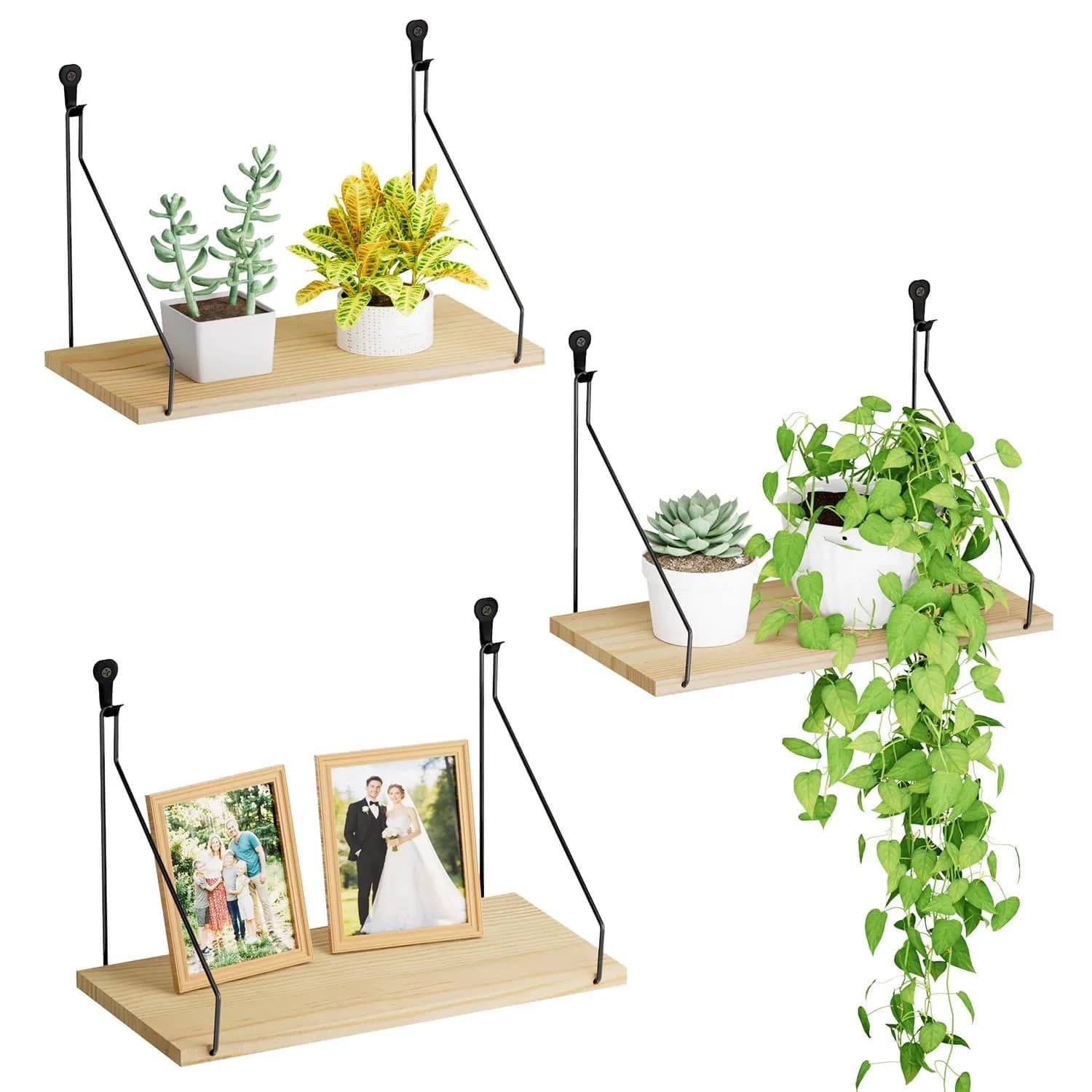 QsQueen Floating Shelves for Wall, Rustic Wood Shelf, 11.8 Inch | No Drill Wall Mount Storage