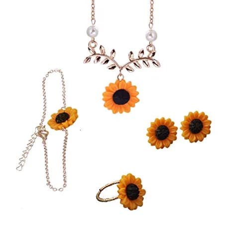 Suoirblss Jewelry Set of 5 Sunflower Faux Pearl Leaf Chain Rose Gold | Adjustable & Eye-Catching (70-120 chars) thumbnail 1