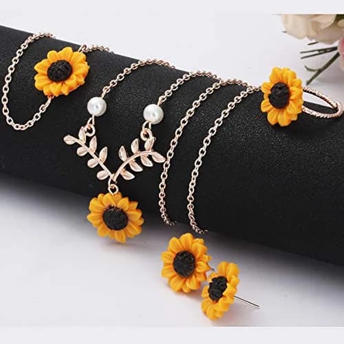 Suoirblss Jewelry Set of 5 Sunflower Faux Pearl Leaf Chain Rose Gold | Adjustable & Eye-Catching (70-120 chars) thumbnail 2