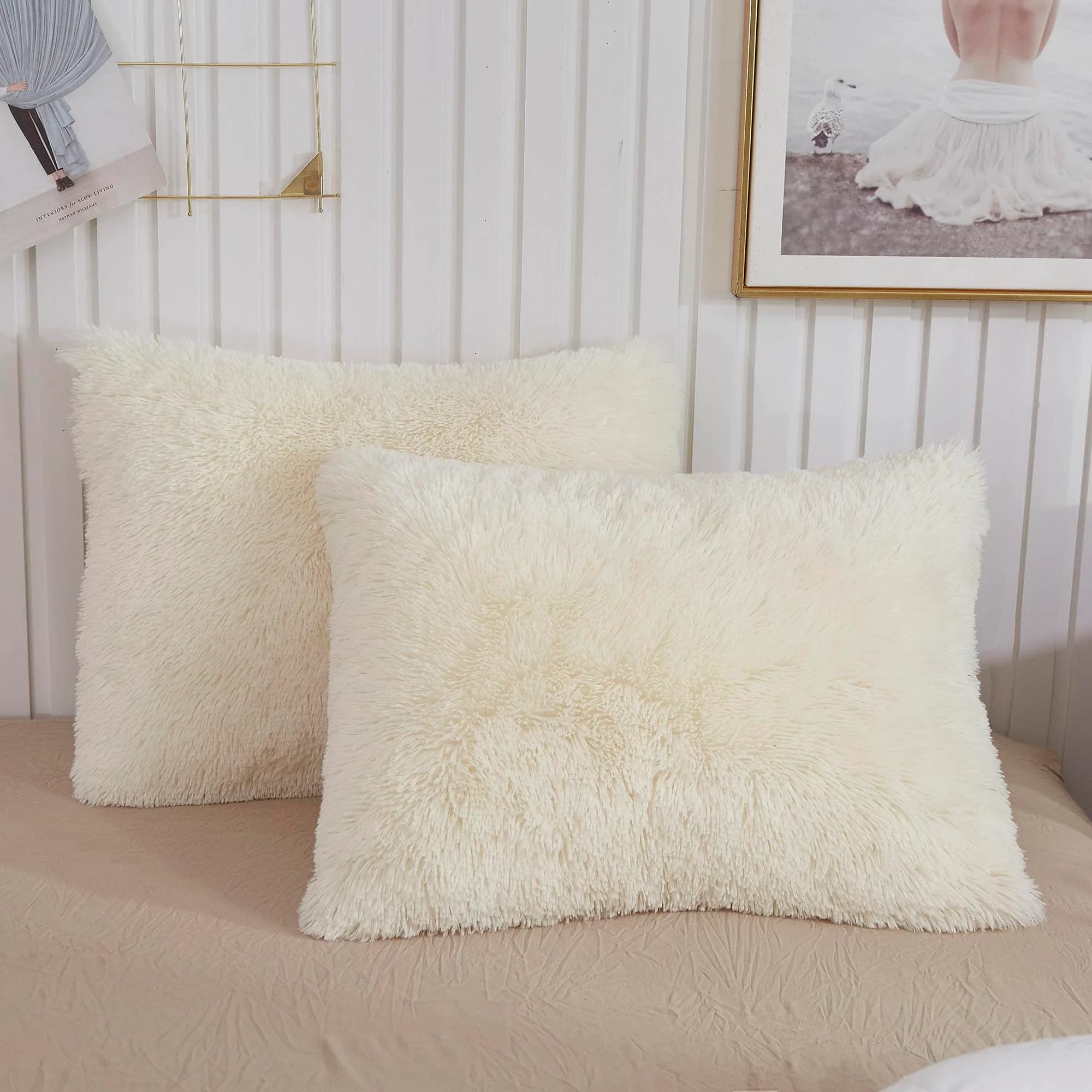 XeGe Fluffy Faux Fur Bed Pillow Cases, Set of 2, Standard, 20x26, Beige | Ultra Soft Plush Microfiber — Light Beige