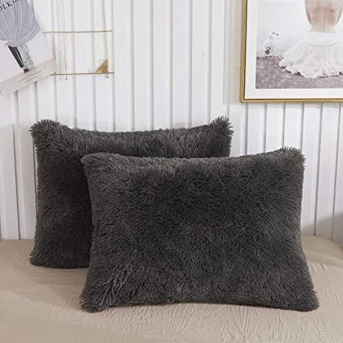 XeGe Fluffy Faux Fur Pillowcases, Set of 2 King 51x91cm (20x36in), Dark Gray | Soft Plush Shaggy Decorative Pillow Covers for Bed Couch thumbnail 1