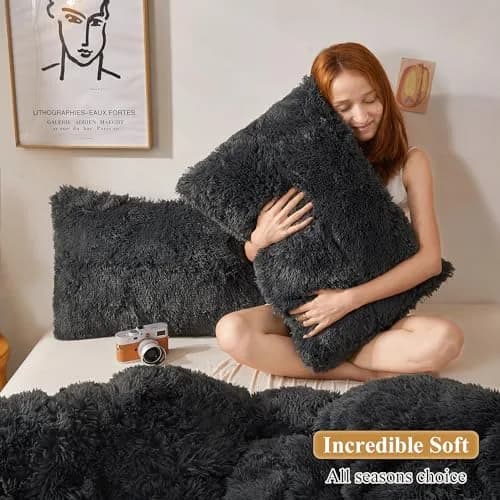 XeGe Fluffy Faux Fur Pillowcases, Set of 2 King 51x91cm (20x36in), Dark Gray | Soft Plush Shaggy Decorative Pillow Covers for Bed Couch thumbnail 5