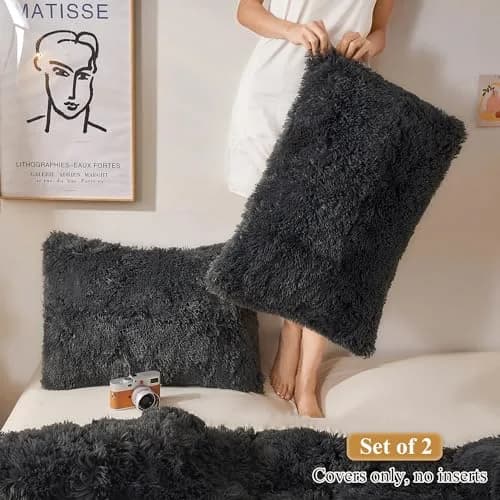 XeGe Fluffy Faux Fur Pillowcases, Set of 2 King 51x91cm (20x36in), Dark Gray | Soft Plush Shaggy Decorative Pillow Covers for Bed Couch thumbnail 2