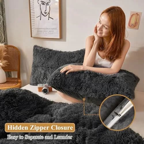 XeGe Fluffy Faux Fur Pillowcases, Set of 2 King 51x91cm (20x36in), Dark Gray | Soft Plush Shaggy Decorative Pillow Covers for Bed Couch thumbnail 3
