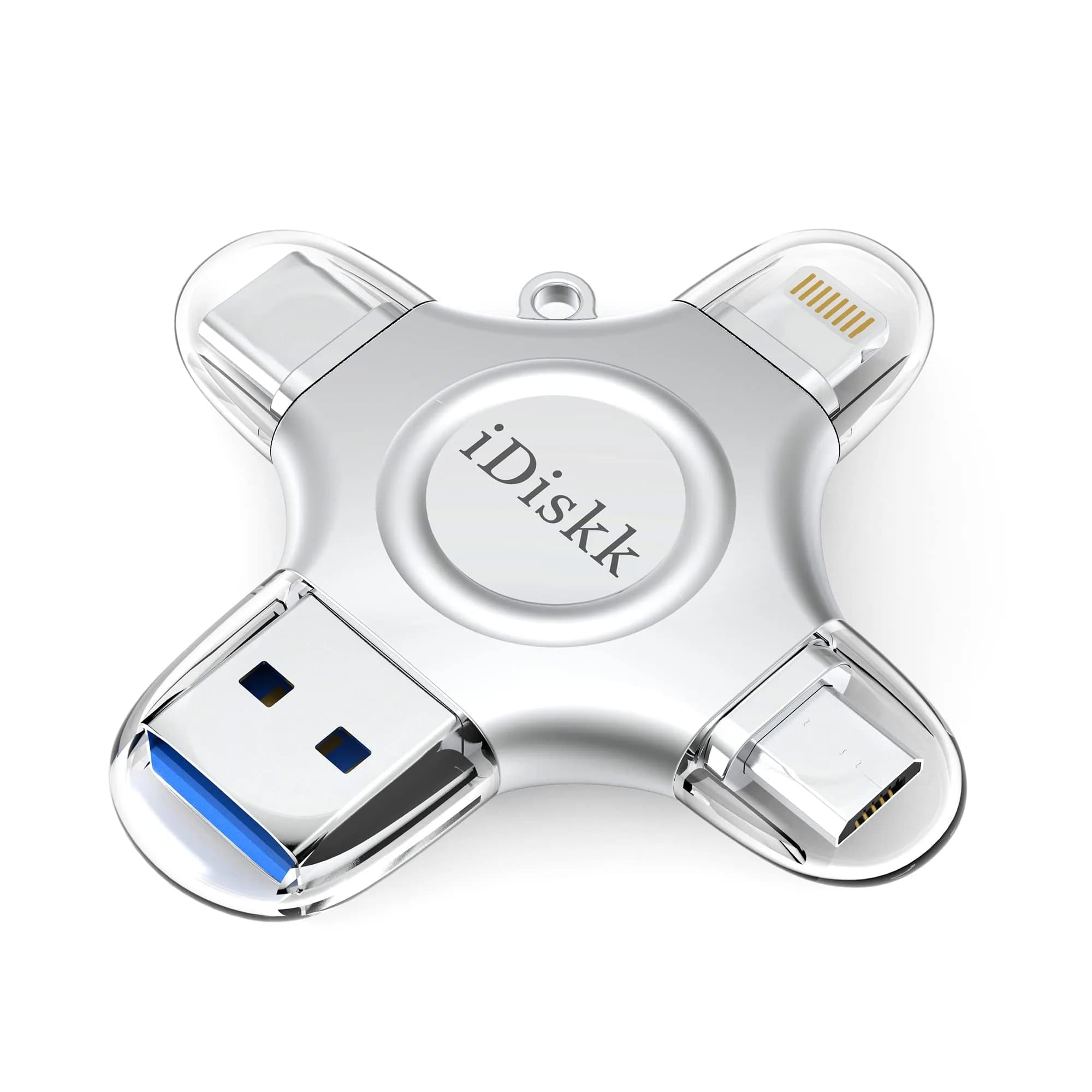 iDiskk 128GB MFi Certified iPhone Flash Drive 128GB (4.25 in x 2.25 in x 0.33 in) | Universal 4-in-1 Photo Stick for iPhone, iPad, Android, Mac — Silver