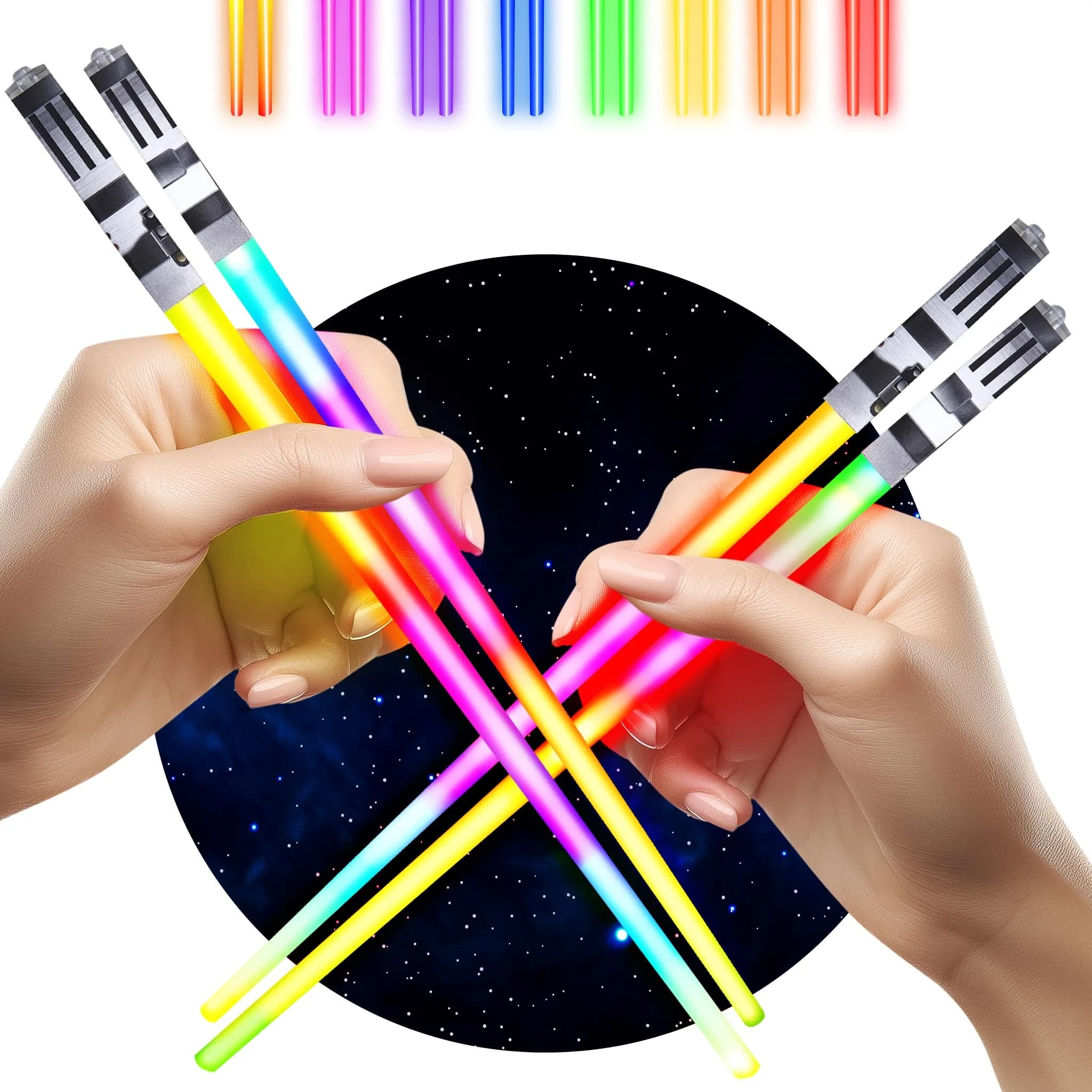 ChopSabers Light Up Lightsaber Chopsticks 2 Pairs (25.4 cm / 10.25 inches) | 8 Color Modes LED — Clear Tips - 2 PAIRS