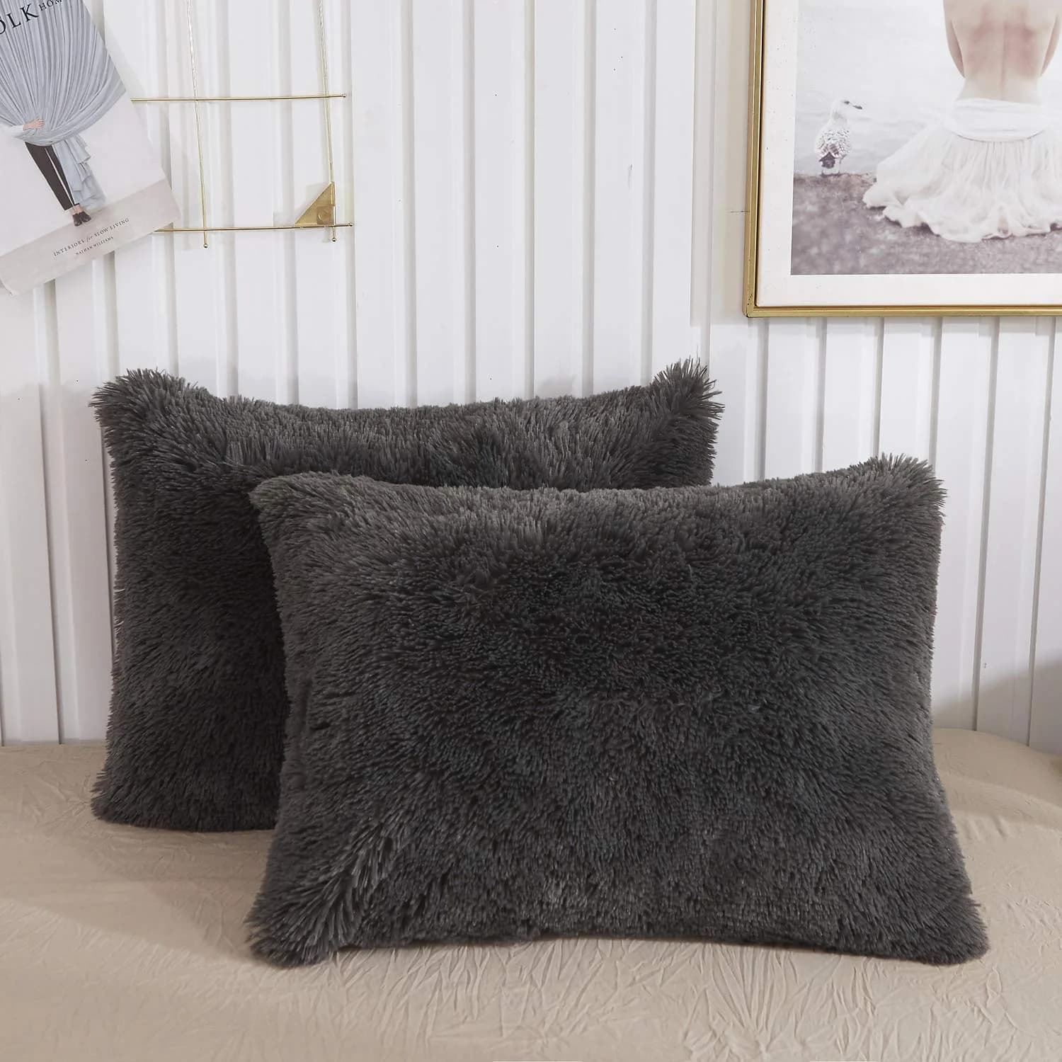 XeGe Fluffy Faux Fur Pillowcases, Set of 2 King 51x91cm (20x36in), Dark Gray | Soft Plush Shaggy Decorative Pillow Covers for Bed Couch — Dark Gray