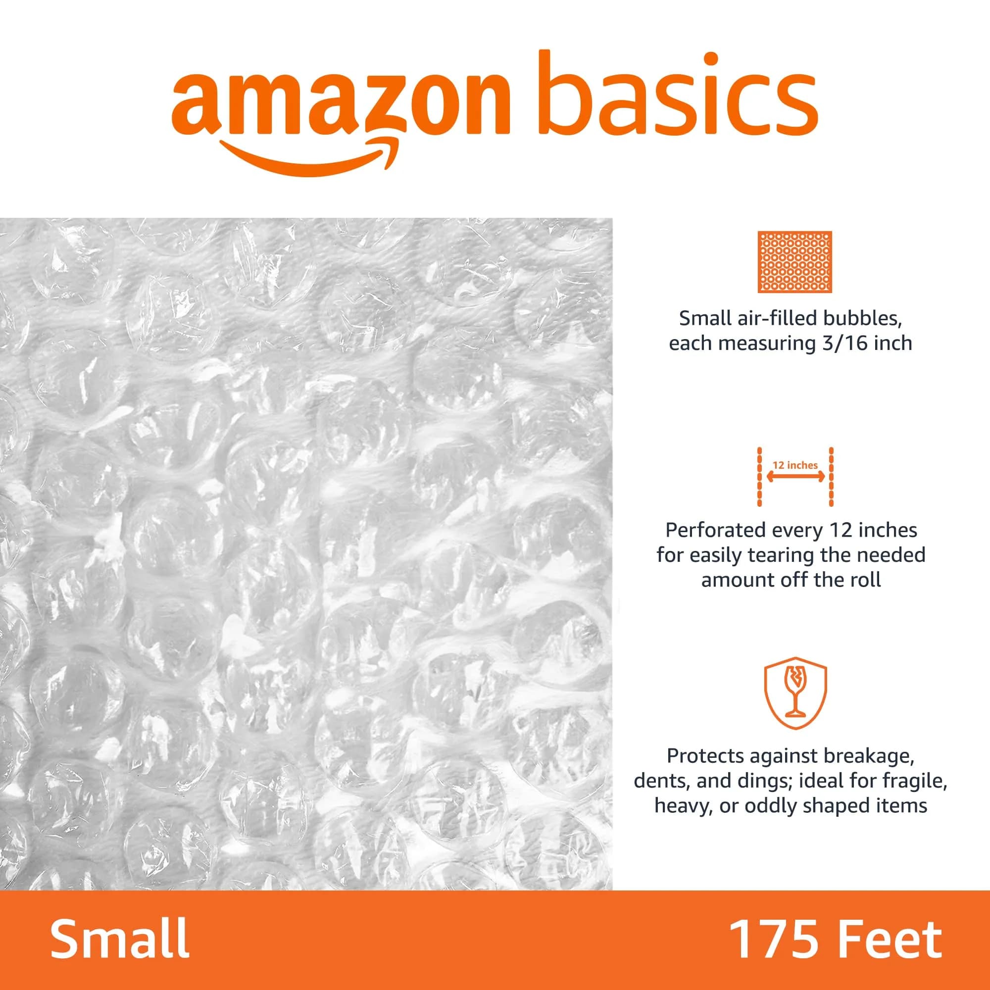 Amazon Basics Perforated Bubble Wrap Roll 30.48 cm x 53.34 m | Small 3/16" Bubbles, Clear - view 2