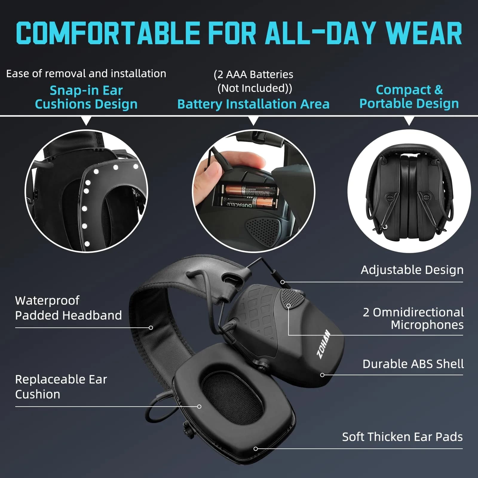 ZOHAN EM054 Electronic Ear Protection for Shooting Range with Sound Amplification Noise Reduction, Ear Muffs for Gun Range (Black) | NRR 22dB - view 5