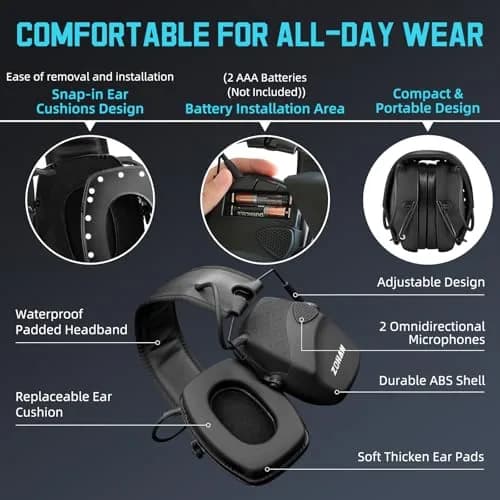 ZOHAN EM054 Electronic Ear Protection for Shooting Range with Sound Amplification Noise Reduction, Ear Muffs for Gun Range (Black) | NRR 22dB thumbnail 5