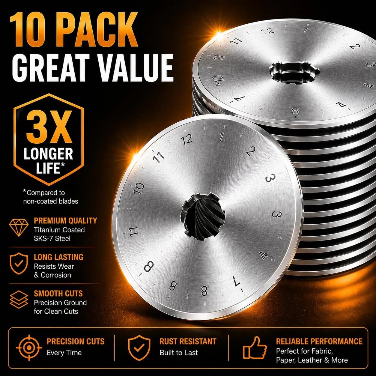 Kingsource 45mm Rotary Cutter Blades 10 Pack | SKS-7 Steel, Sharp & Durable Replacement Blades for Quilting, Sewing, Fabric Cutting - view 2