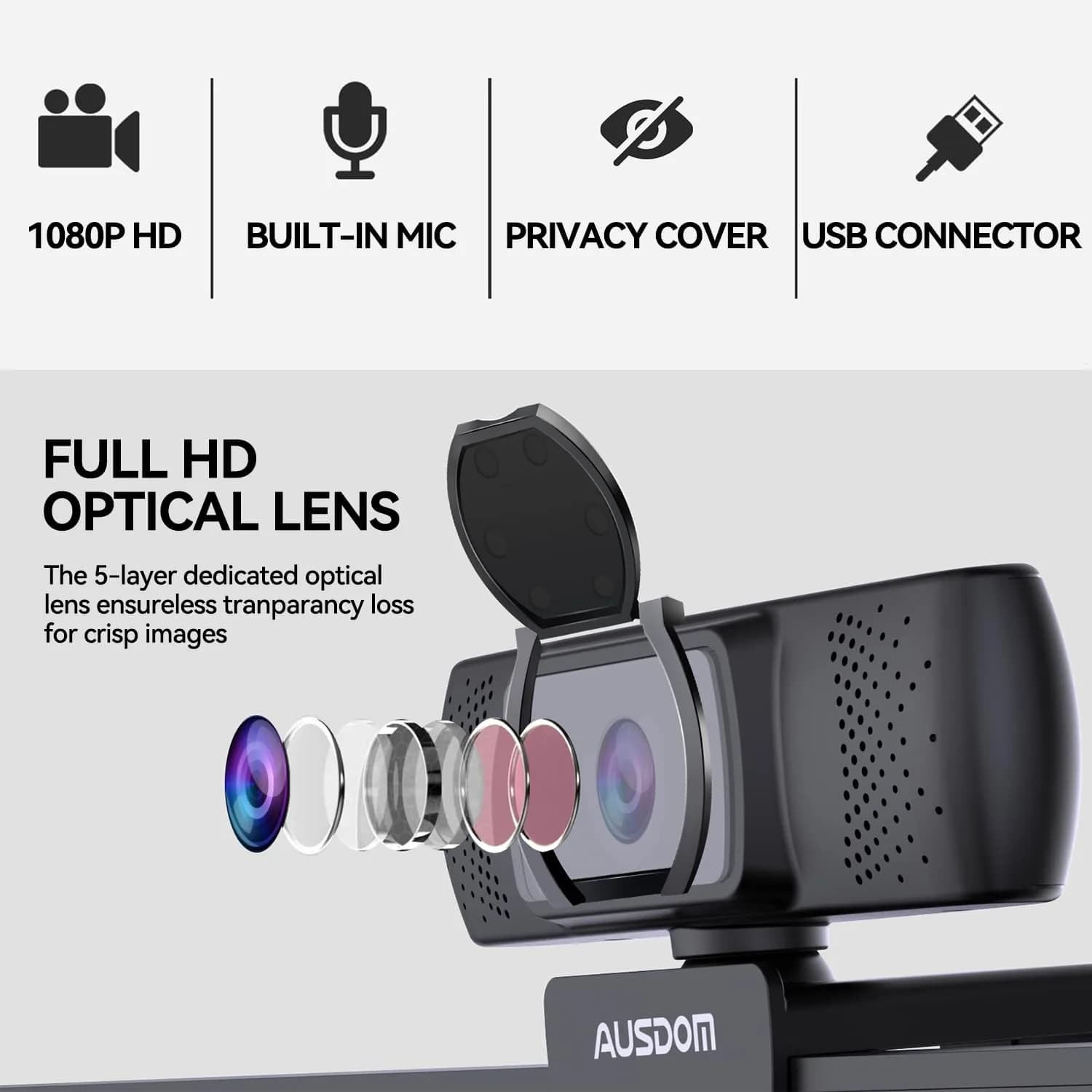 AUSDOM AF640 1080P Webcam with Microphone, 90°FOV USB PC Camera 210g | Plug and Play Computer Camera for Online Calling/Conferencing - view 4